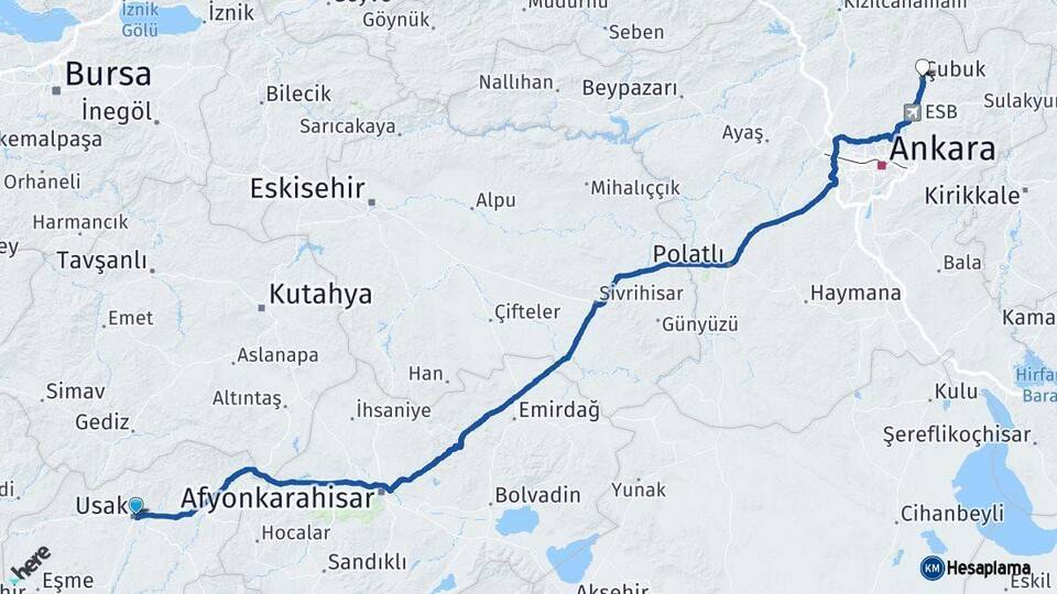 Uşak Çubuk Ankara Arası Kaç Km - Yol Haritası