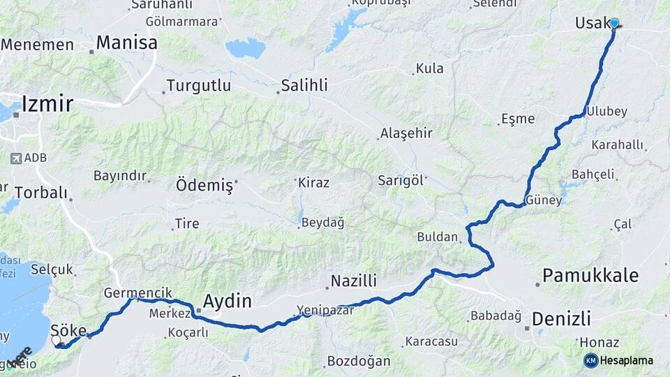 Uşak Davutlar Kuşadası Aydın Arası Kaç Km - Yol Haritası