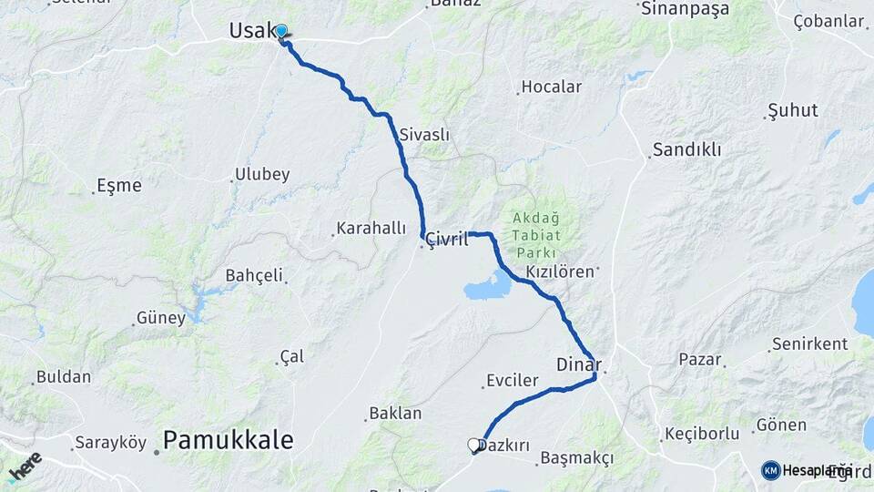Uşak Dazkırı Afyonkarahisar Arası Kaç Km - Yol Haritası