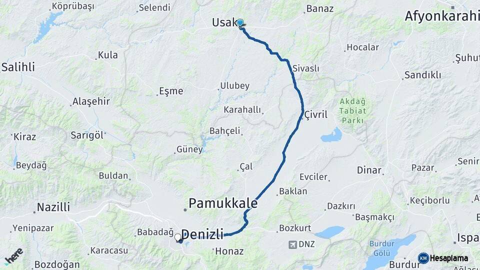 Uşak Denizli Arası Kaç Km - Yol Haritası