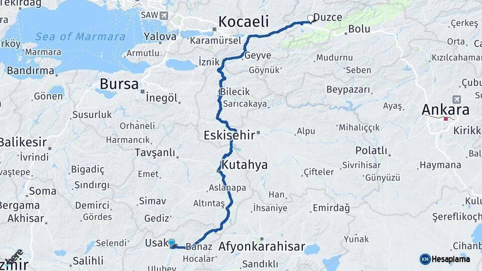 Uşak Düzce Arası Kaç Km - Yol Haritası