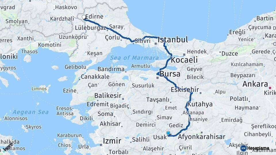 Uşak Edirne Arası Kaç Km - Yol Haritası