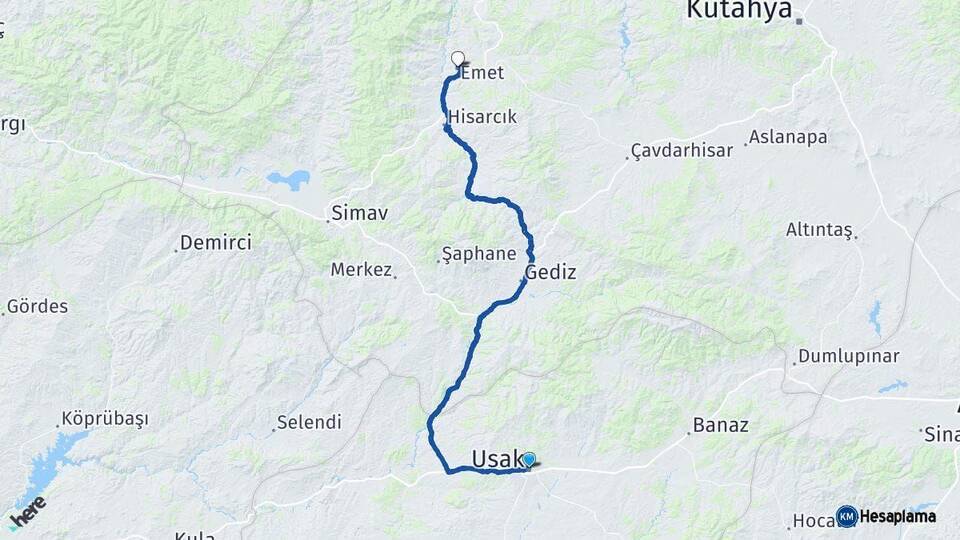 Uşak Emet Kütahya Arası Kaç Km - Yol Haritası