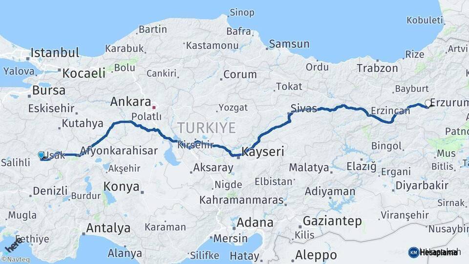 Uşak Erzurum Arası Kaç Km - Yol Haritası