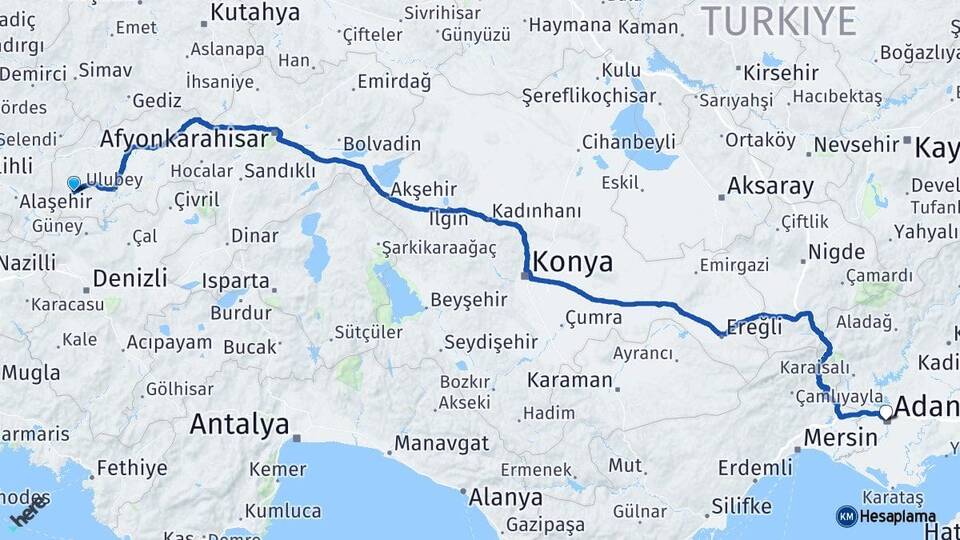 Uşak Eşme Adana Arası Kaç Km - Yol Haritası