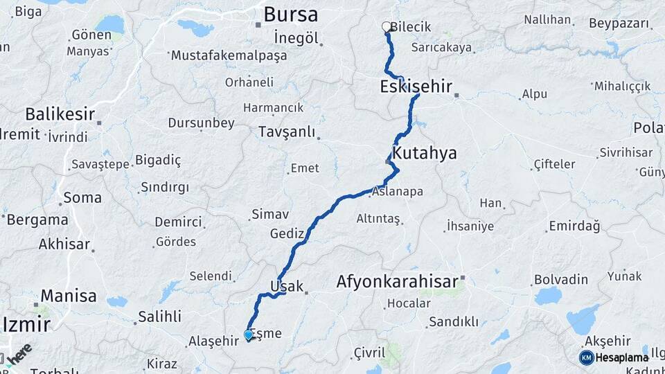 Uşak Eşme Bilecik Arası Kaç Km - Yol Haritası