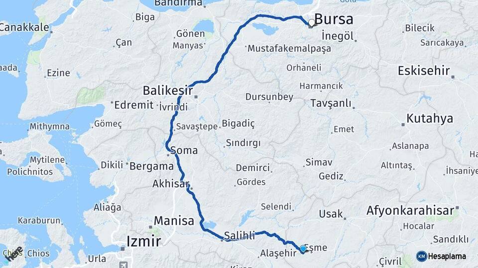 Uşak Eşme Bursa Arası Kaç Km - Yol Haritası