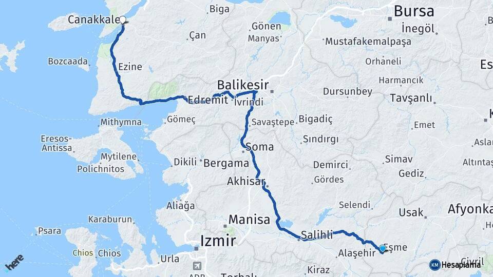Uşak Eşme Çanakkale Arası Kaç Km - Yol Haritası