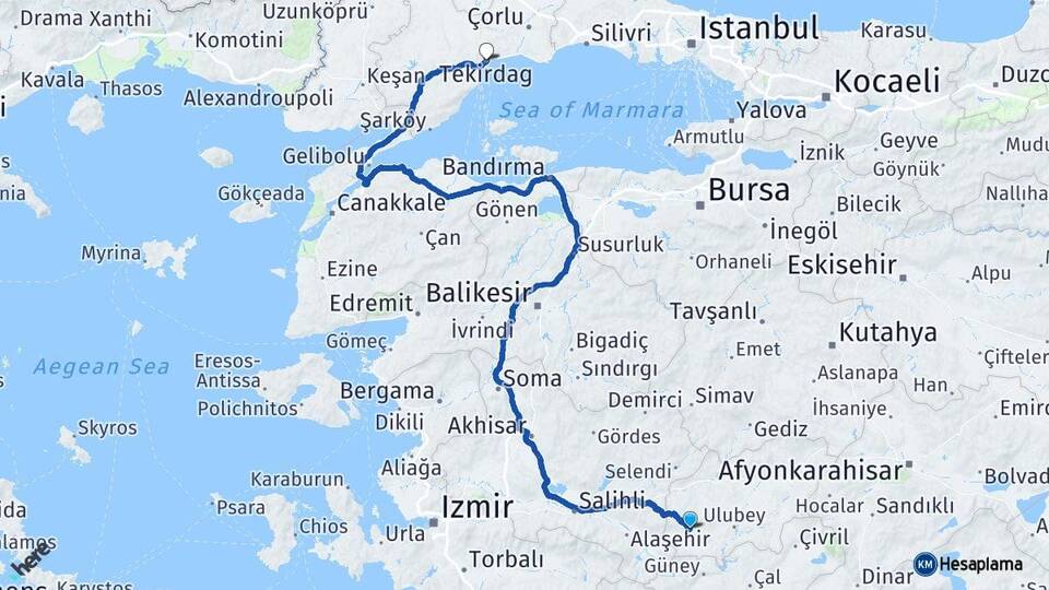Uşak Eşme Tekirdağ Arası Kaç Km - Yol Haritası