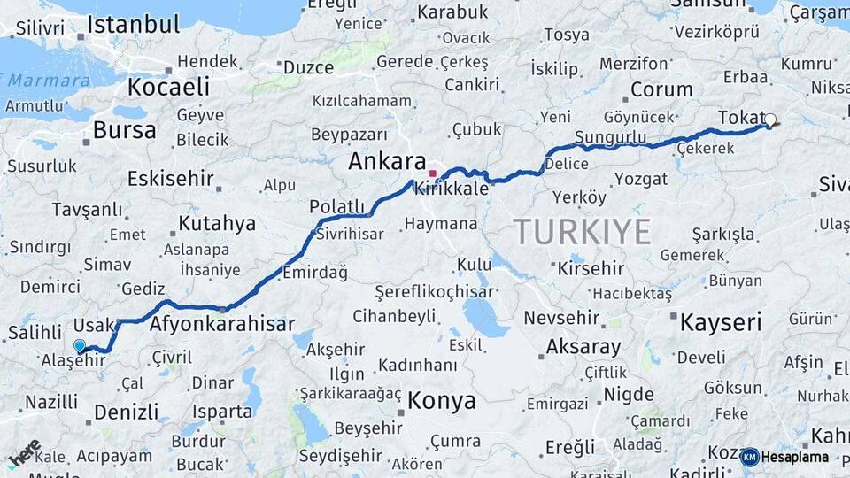 Uşak Eşme Tokat Arası Kaç Km - Yol Haritası