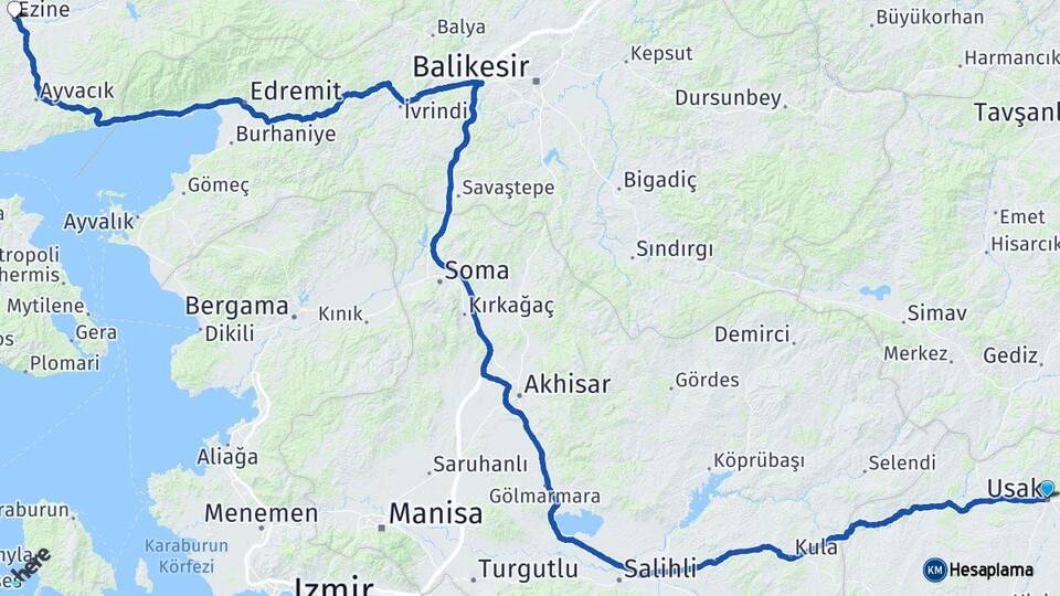 Uşak Ezine Çanakkale Arası Kaç Km - Yol Haritası
