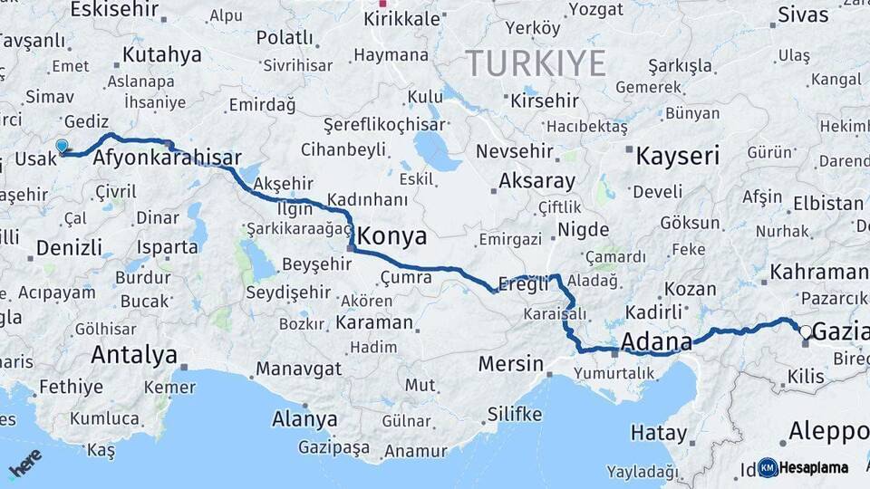 Uşak Gaziantep Arası Kaç Km - Yol Haritası