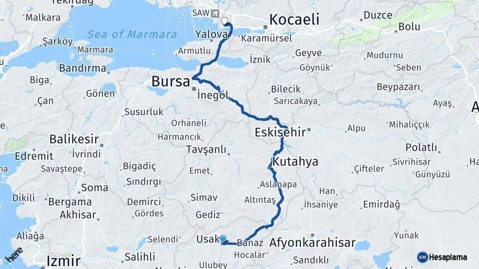 Uşak Gebze Kocaeli Arası Kaç Km - Yol Haritası