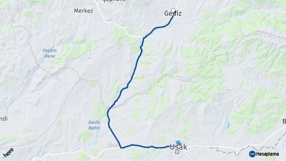 Uşak Gediz Kütahya Arası Kaç Km - Yol Haritası