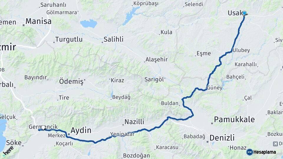 Uşak Germencik Aydın Arası Kaç Km - Yol Haritası