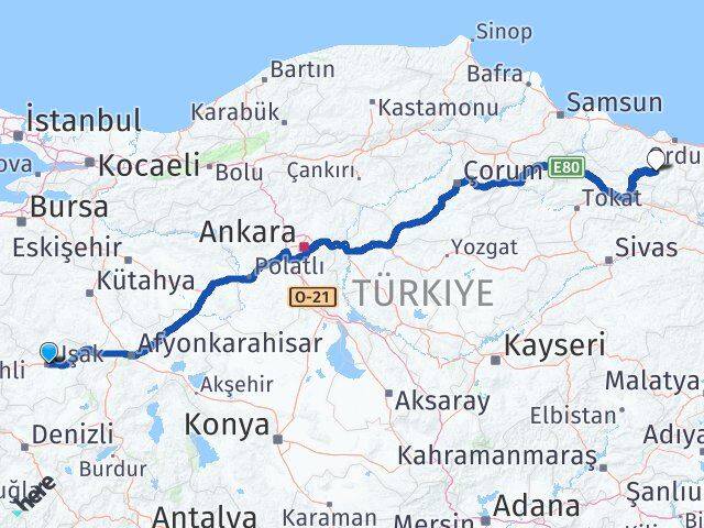 Uşak Gölköy Ordu Arası Kaç Km - Yol Haritası