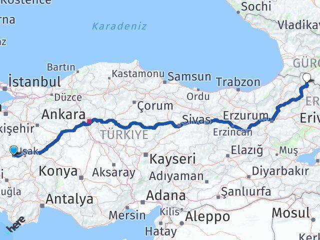 Uşak Hanak Ardahan Arası Kaç Km - Yol Haritası