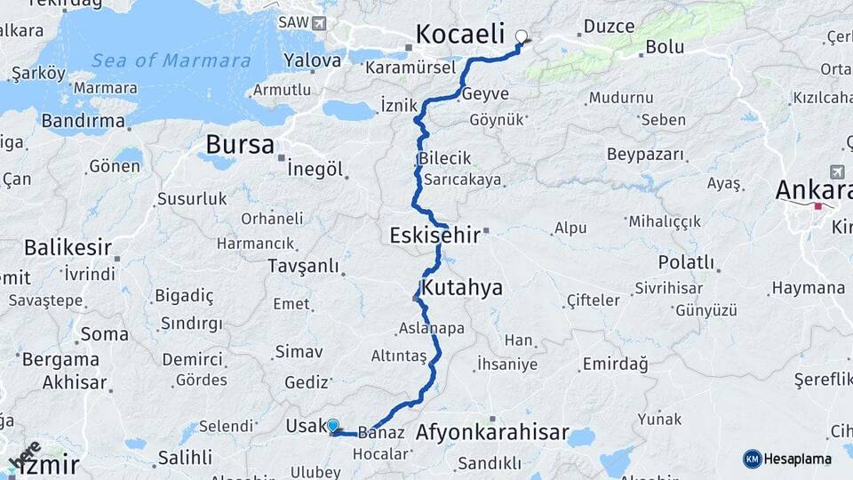 Uşak Hendek Sakarya Arası Kaç Km - Yol Haritası