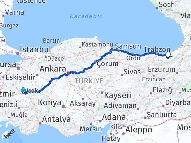 Uşak İkizdere Rize Arası Kaç Km - Yol Haritası