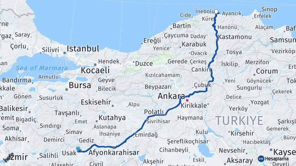 Uşak İnebolu Kastamonu Arası Kaç Km - Yol Haritası