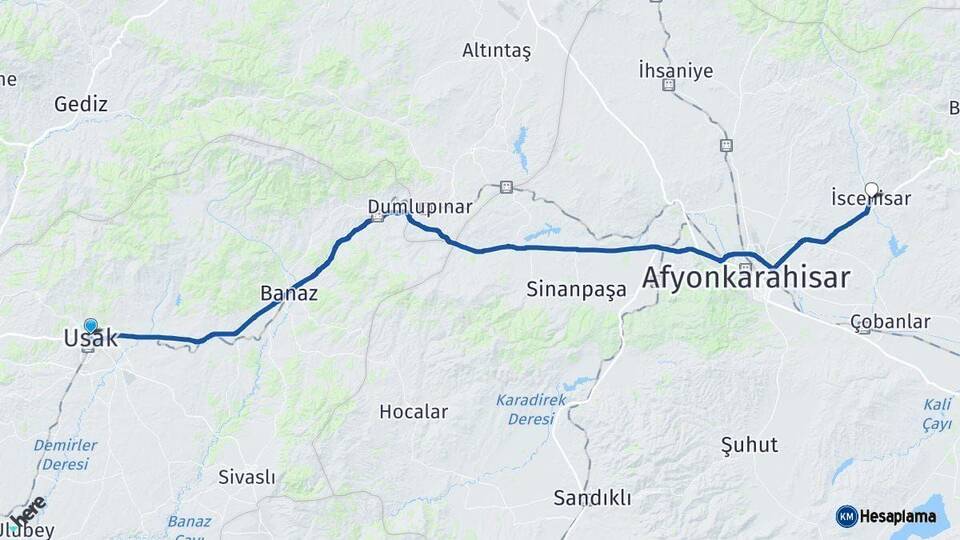 Uşak İscehisar Afyonkarahisar Arası Kaç Km - Yol Haritası