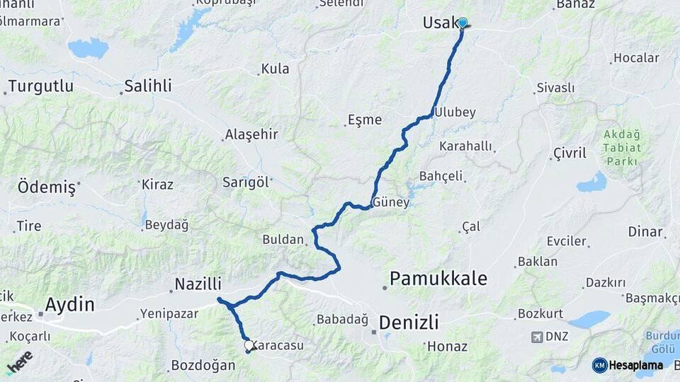 Uşak Karacasu Aydın Arası Kaç Km - Yol Haritası