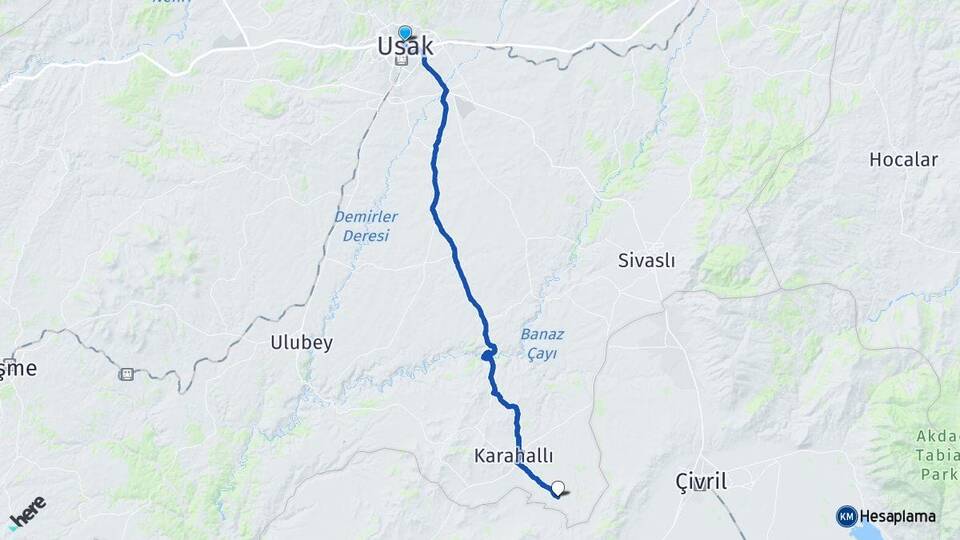 Uşak Karbasan Karahallı Arası Kaç Km - Yol Haritası