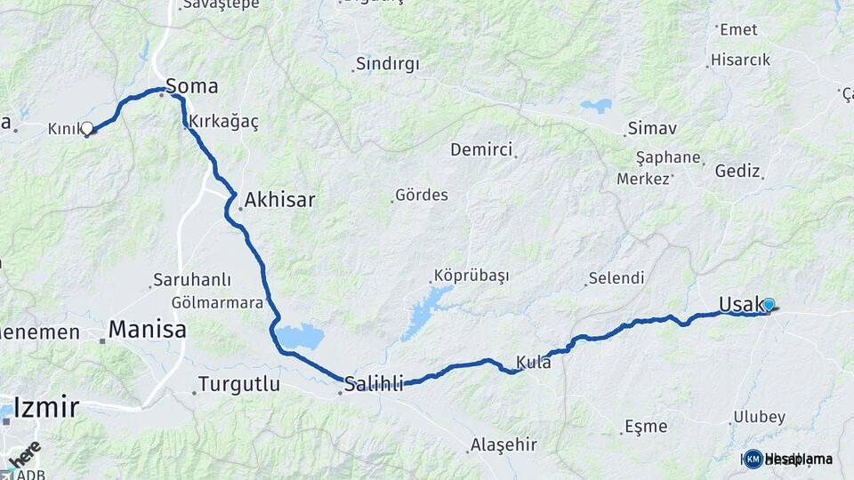 Uşak Kınık İzmir Arası Kaç Km - Yol Haritası