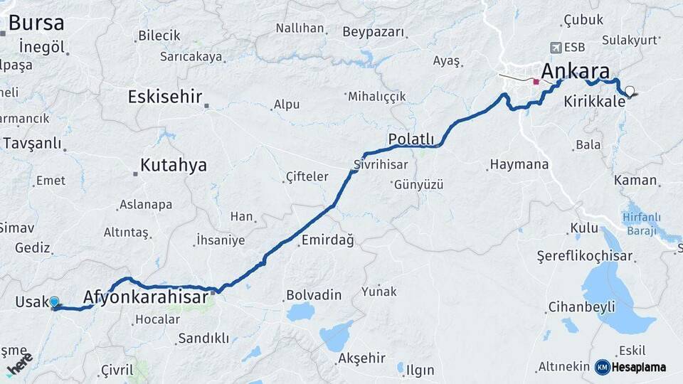Uşak Kırıkkale Arası Kaç Km - Yol Haritası