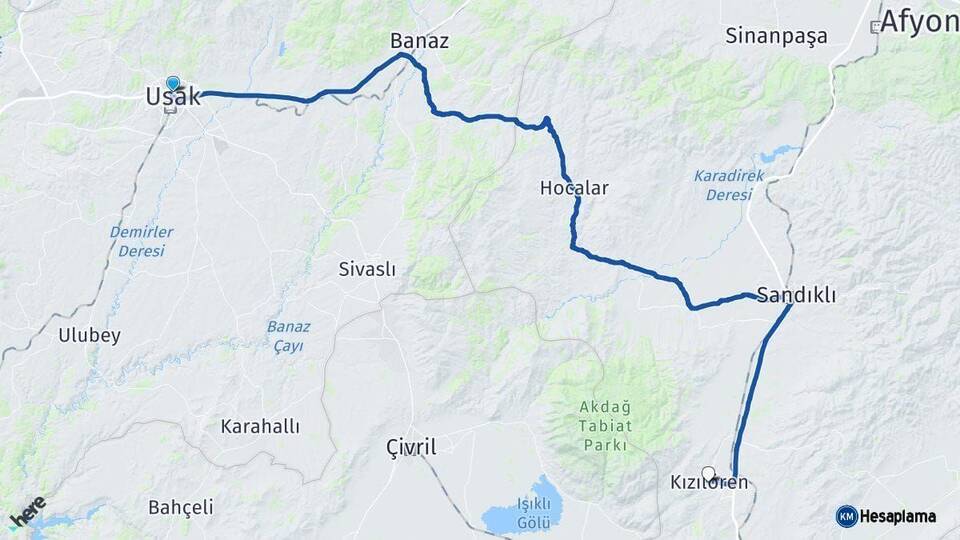 Uşak Kızılören Afyonkarahisar Arası Kaç Km - Yol Haritası