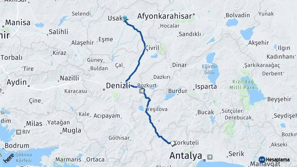 Uşak Korkuteli Antalya Arası Kaç Km - Yol Haritası