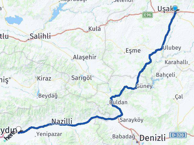 Uşak Köşk Aydın Arası Kaç Km - Yol Haritası