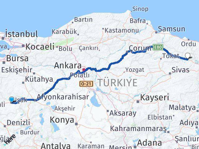 Uşak Koyulhisar Sivas Arası Kaç Km - Yol Haritası