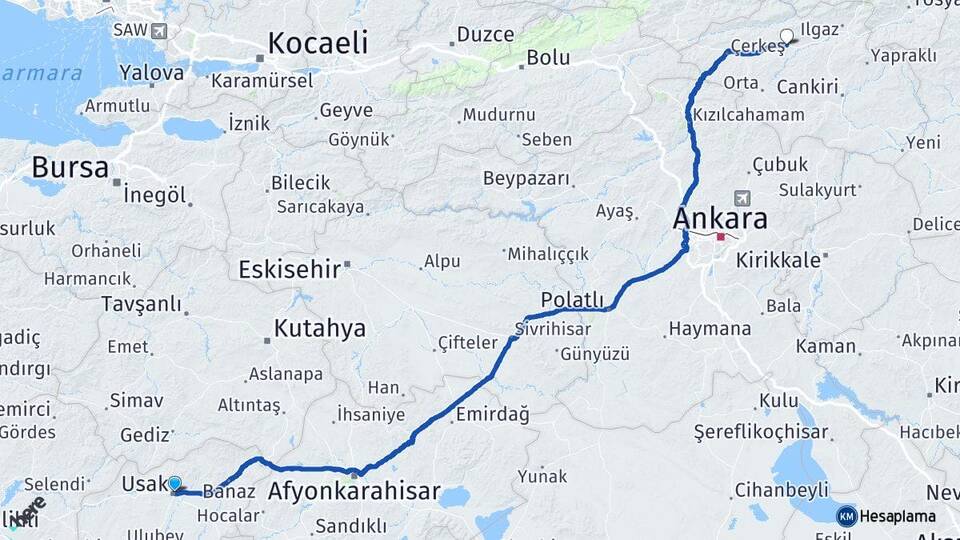 Uşak Kurşunlu Çankırı Arası Kaç Km - Yol Haritası