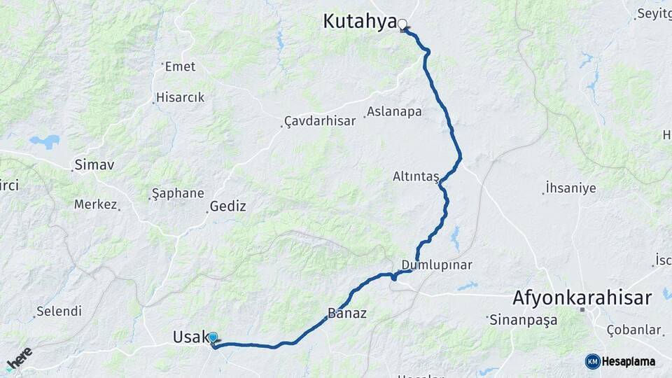 Uşak Kütahya Arası Kaç Km - Yol Haritası