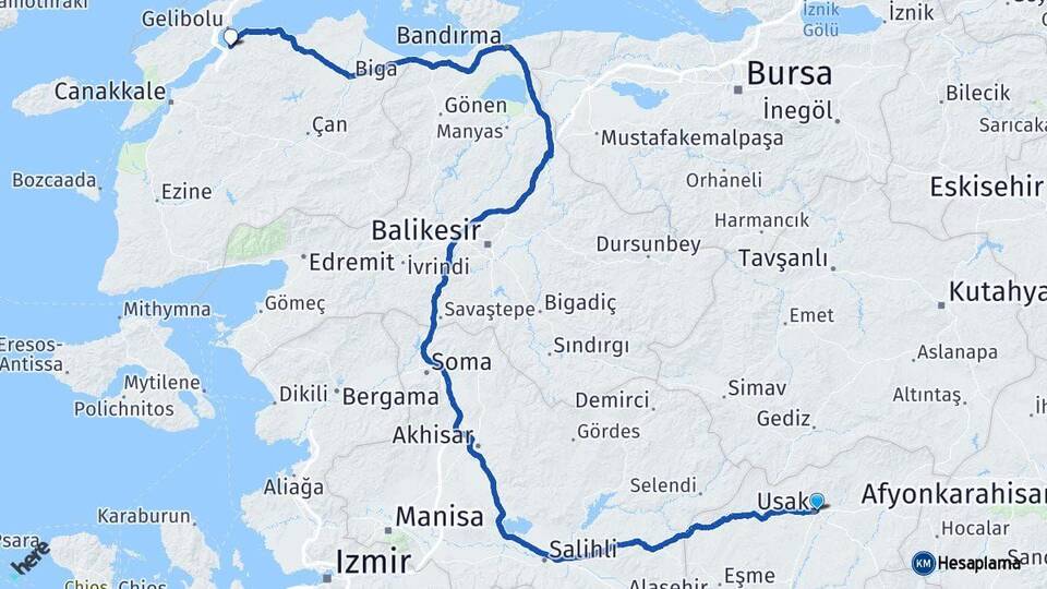 Uşak Lapseki Çanakkale Arası Kaç Km - Yol Haritası