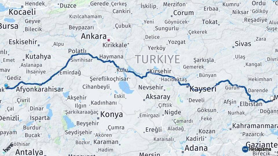 Uşak Malatya Arası Kaç Km - Yol Haritası