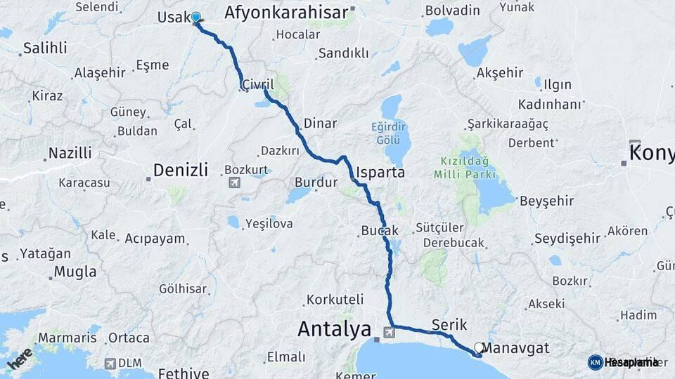 Uşak Manavgat Antalya Arası Kaç Km - Yol Haritası
