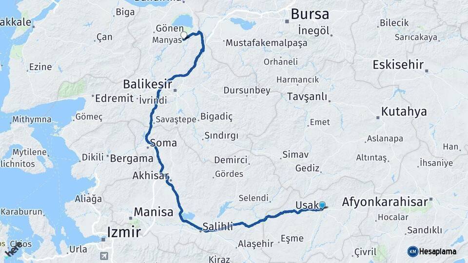 Uşak Manyas Balıkesir Arası Kaç Km - Yol Haritası
