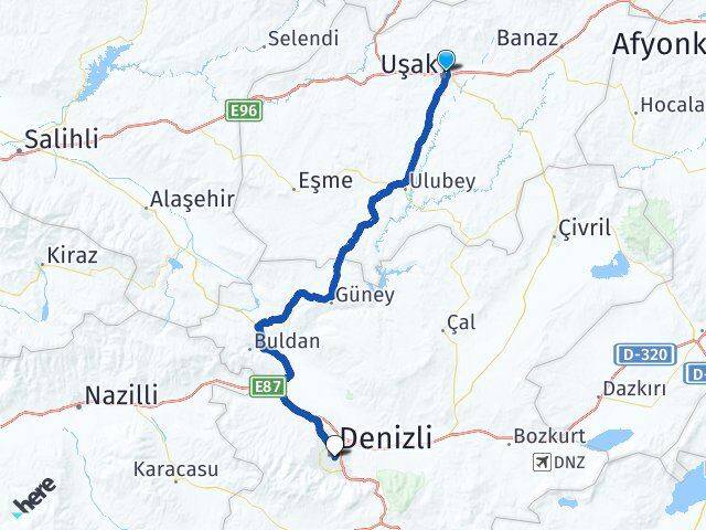Uşak Merkezefendi Denizli Arası Kaç Km - Yol Haritası