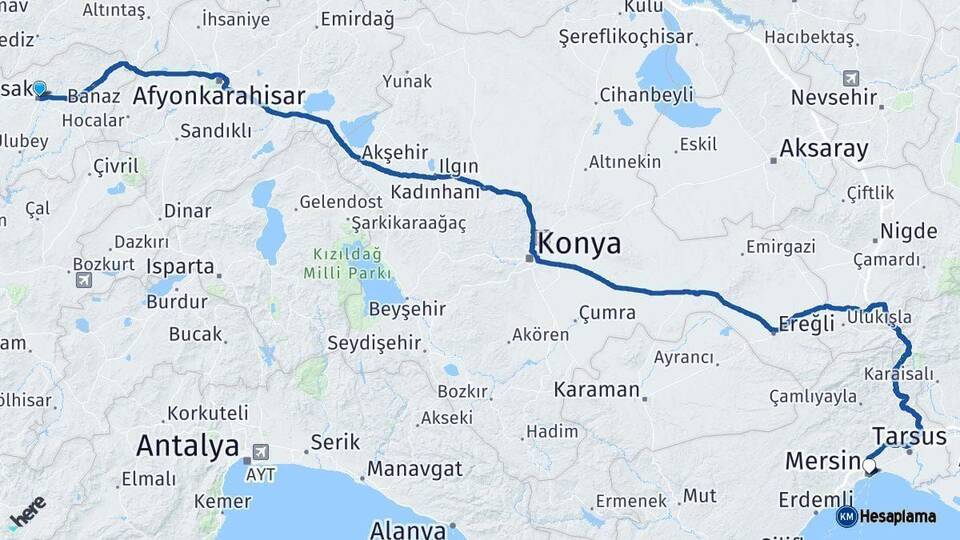 Uşak Mersin Arası Kaç Km - Yol Haritası