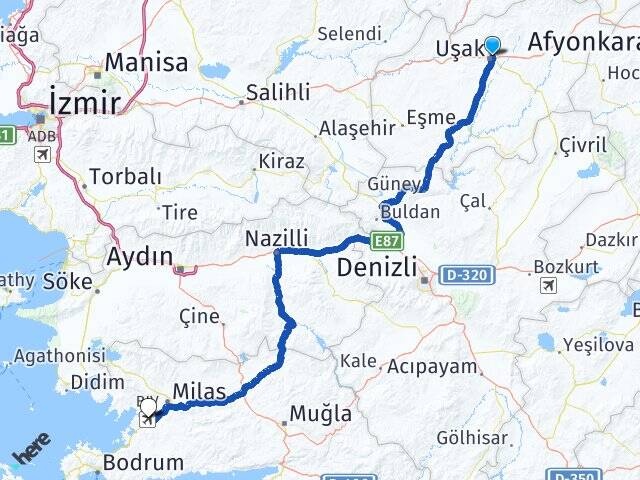 Uşak Milas Bodrum Havalimanı Arası Kaç Km - Yol Haritası