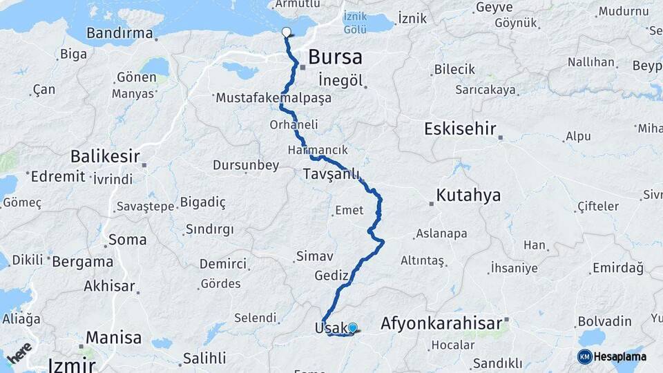 Uşak Mudanya Bursa Arası Kaç Km - Yol Haritası