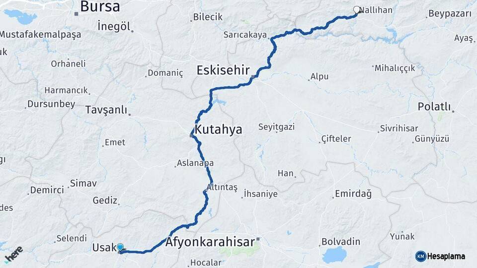 Uşak Nallıhan Ankara Arası Kaç Km - Yol Haritası