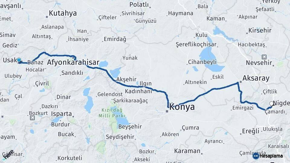 Uşak Niğde Arası Kaç Km - Yol Haritası