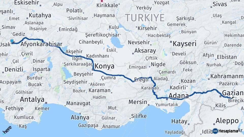 Uşak Nizip Gaziantep Arası Kaç Km - Yol Haritası