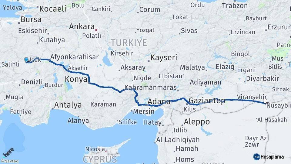 Uşak Nusaybin Mardin Arası Kaç Km - Yol Haritası
