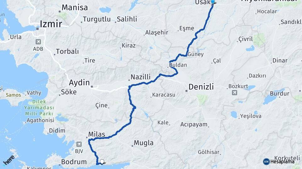 Uşak Ören Milas Muğla Arası Kaç Km - Yol Haritası