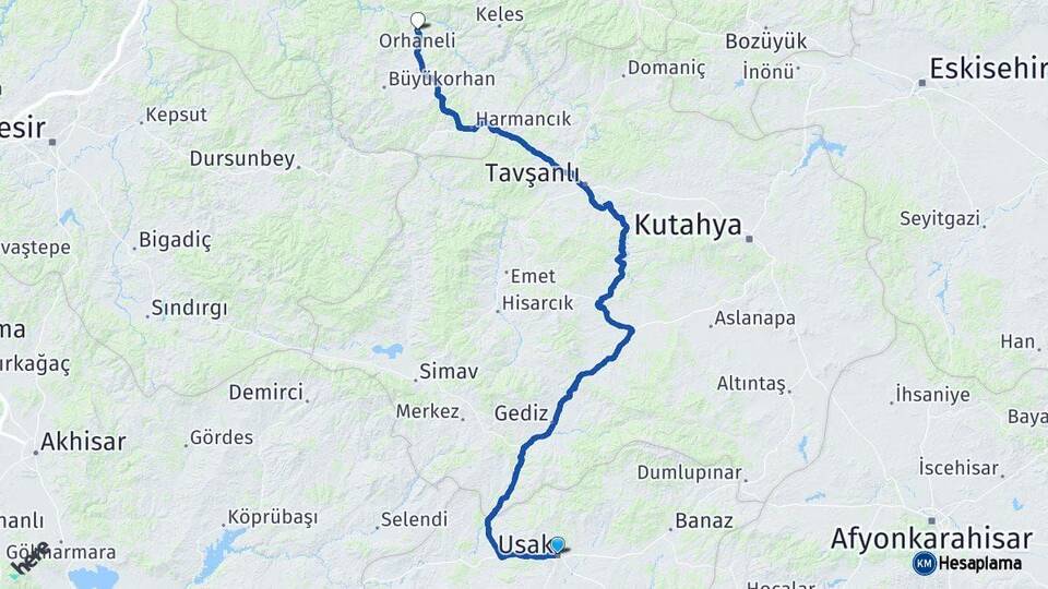 Uşak Orhaneli Bursa Arası Kaç Km - Yol Haritası