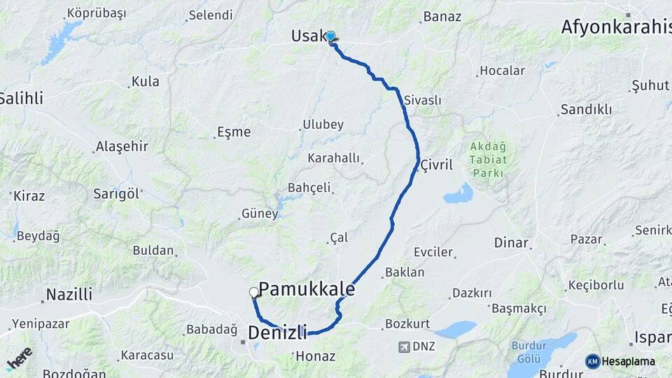 Uşak Pamukkale Denizli Arası Kaç Km - Yol Haritası